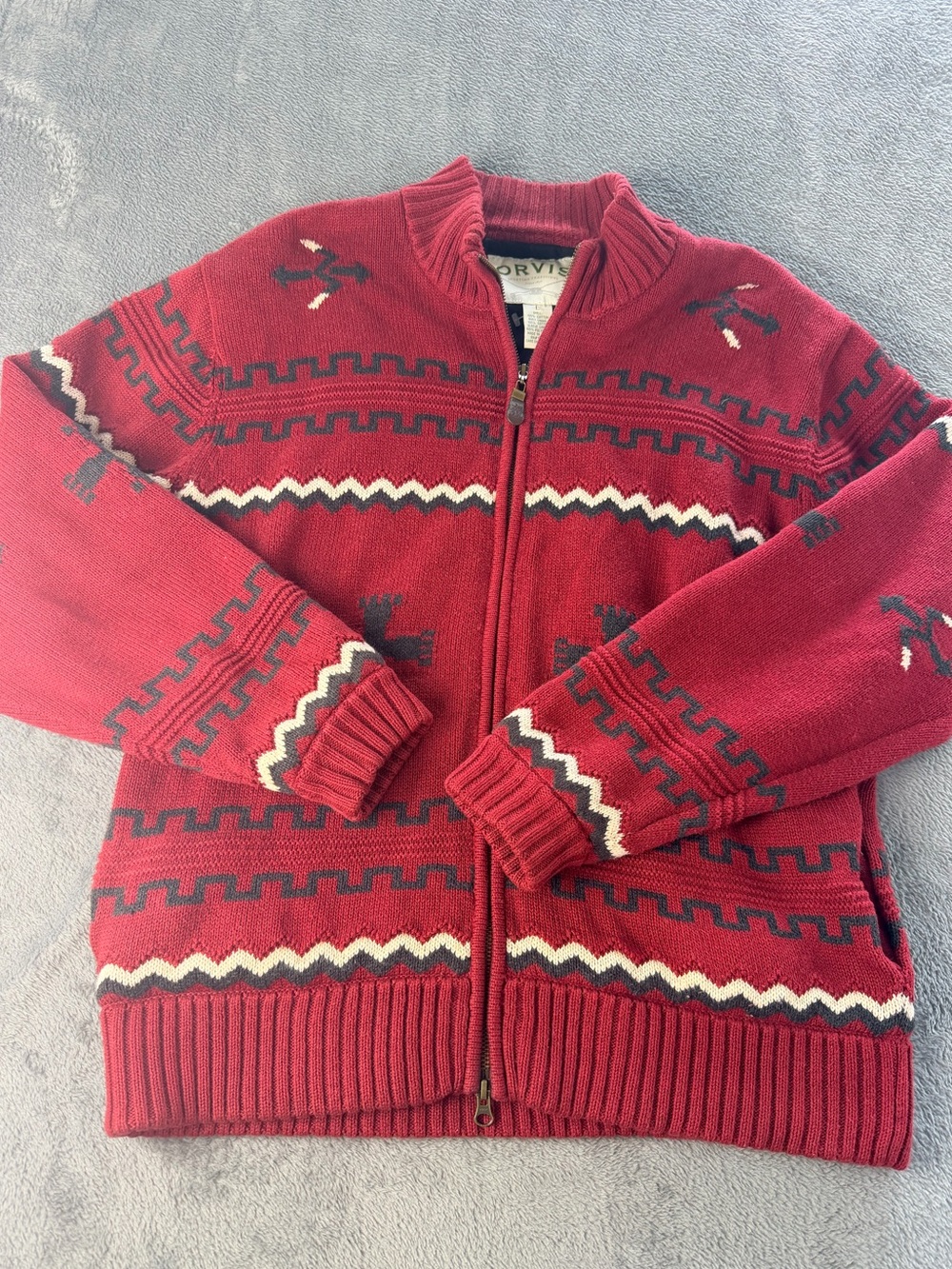 ORVIS Mens Full Zip Cotton Red & Black Southwestern Aztec Cardigan Sweater, Sz L